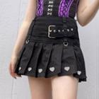 High-waist Belt-accent Heart Print Mini Pleated Skirt