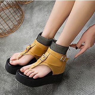 Faux Leather Buckled Split Toe Platform Wedge Sandals