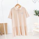 Short-sleeve Striped Trim Embroidered Polo Shirt Dress