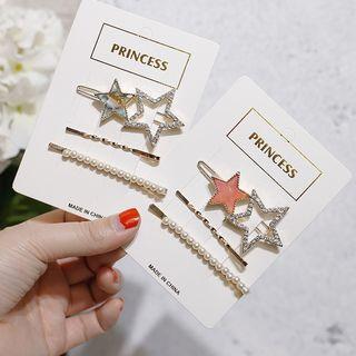 Set Of 3: Faux Pearl / Rhinestone Star Hair Pin (assorted Designs)