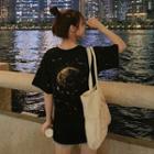 Short-sleeve Moon Print T-shirt Black - One Size