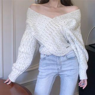 Off-shoulder Ribbed Sweater Beige - One Size