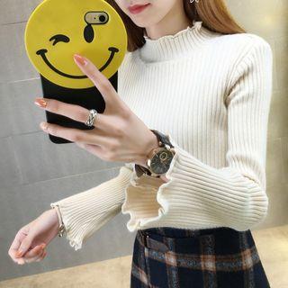 Ruffled-trim Mock-neck Knit Top