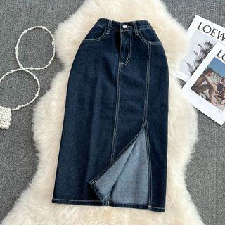 High Waist Stitch Denim Skirt