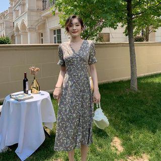 Puff-sleeve V-neck Floral Midi A-line Dress