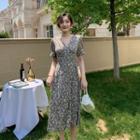 Puff-sleeve V-neck Floral Midi A-line Dress