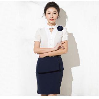 Keyhole-front Shirt / Pencil Skirt