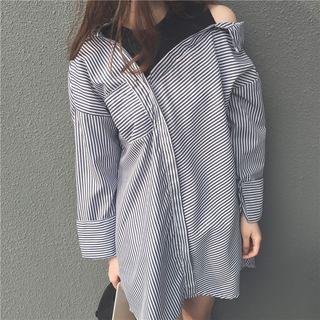 Cutout-shoulder Stripe Shirt As Shown In Figure - One Size
