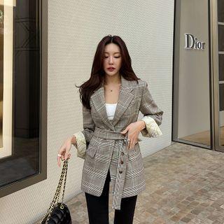 Single-breasted Plaid Blazer With Sash Red - One Size