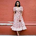 Strawberry Print Puff-sleeve Midi A-line Dress