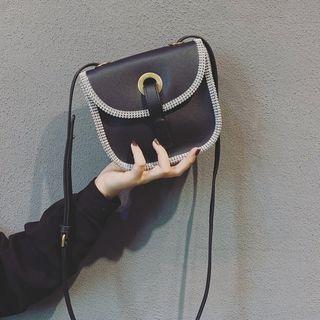 Rhinestone Trim Faux Leather Crossbody Bag