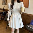 Bell-sleeve Crinkle Mini A-line Dress Beige - One Size