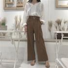Split-neck Long-sleeve Blouse / Pinstripe Wide Leg Pants