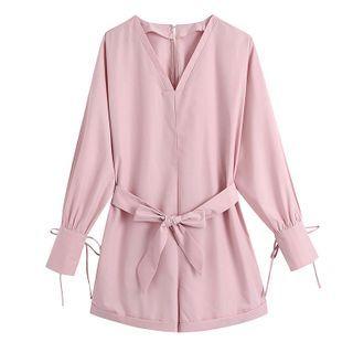Long-sleeve V-neck Tie-waist Romper