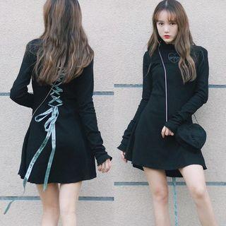 Embroidered Lace-up Back Long-sleeve A-line Dress Black - One Size