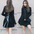 Embroidered Lace-up Back Long-sleeve A-line Dress Black - One Size