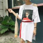 Cutout Neckline 3/4 Sleeve Printed Slit-side T-shirt Dress