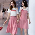Short-sleeve T-shirt / Plaid Midi A-line Skirt / Mini A-line Pinafore Dress / Set