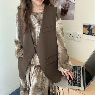 Plain Vest / Long-sleeve Midi A-line Dress / Set