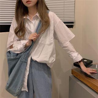 Plain Cutout Long-sleeve Loose-fit Shirt White - One Size