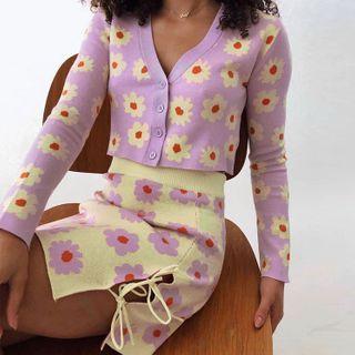 Jacquard Cardigan / Mini Fitted Skirt