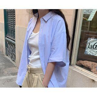 Elbow-sleeve Oversized Stripe Shirt Sky Blue - One Size