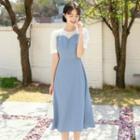 Puff-sleeve Contrast-panel Midi Flare Dress