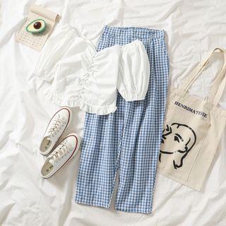 Short-sleeve Ruffle Trim Shirt / High-waist Plaid Pants