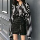 Striped Shirt / Faux Leather A-line Skirt / Set