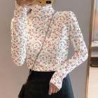 Mock-neck Long-sleeve Floral Print T-shirt