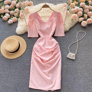 Square-neck Open-back Ruched Short-sleeve Dress
