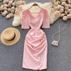 Square-neck Open-back Ruched Short-sleeve Dress