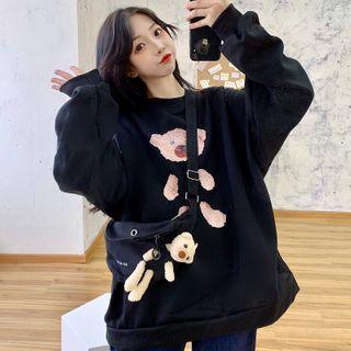 Set: Fleece-lined Bear Printed Sweatshirt + Slingbag