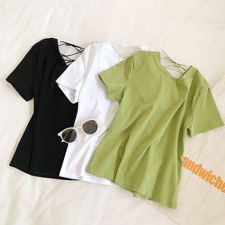 Lace-up Back Short-sleeve Plain Top