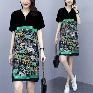 Short-sleeve Printed Panel Hoodie Dress