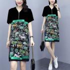 Short-sleeve Printed Panel Hoodie Dress