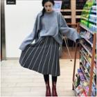 Wide-sleeve Chunky Sweater / Striped A-line Knit Skirt