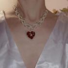 Faux Pearl Heart Choker Necklace Red & White - One Size