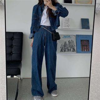 Cropped Button Denim Jacket / Wide-leg Jeans
