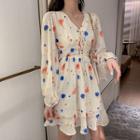 Long-sleeve Lace-up Floral Print Chiffon Dress