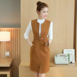 Set: Plain Long Sleeve Knit Top + Woolen Pinafore Dress
