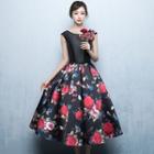 Cap-sleeve Embellished Floral-print Midi Prom Dress