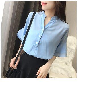 Plain Split Neck Elbow Sleeve Blouse