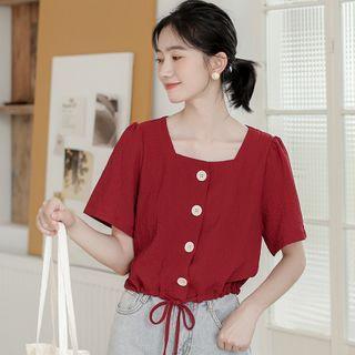 Short-sleeve Square-neck Buttoned Top Wine Red - One Size