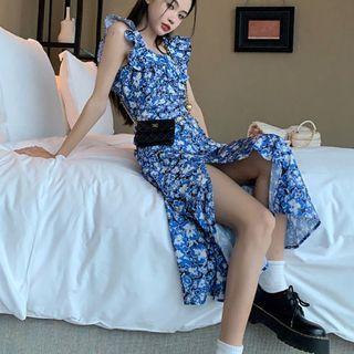 Sleeveless Ruffled Floral Slit Midi A-line Dress