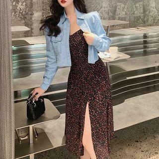 Spaghetti Strap Floral Print Midi A-line Dress / Denim Shirt