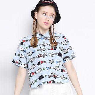 Fish Print Short-sleeve Chiffon Blouse