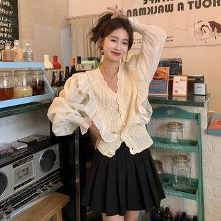Ruffle Panel V-neck Shirt White - One Size