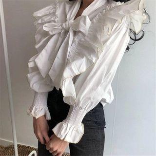 Ruffle Trim Tie-neck Blouse White - One Size