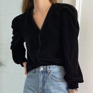Long-sleeve Velvet V-neck Top Black - One Size